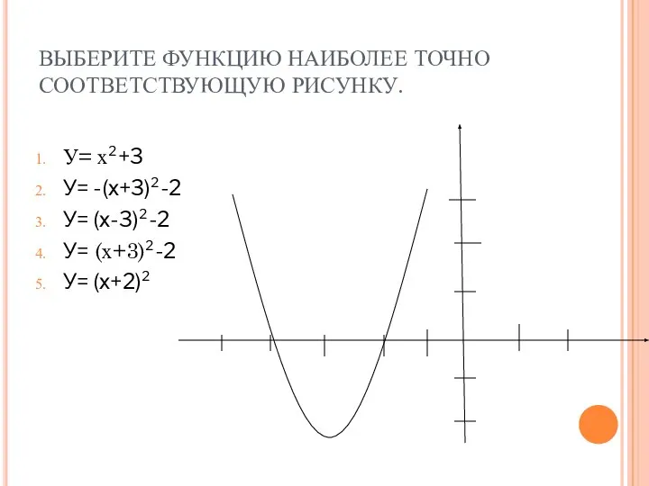 ВЫБЕРИТЕ ФУНКЦИЮ НАИБОЛЕЕ ТОЧНО СООТВЕТСТВУЮЩУЮ РИСУНКУ. У= х²+3 У= -(х+3)²-2 У= (х-3)²-2 У= (х+3)²-2 У= (х+2)²