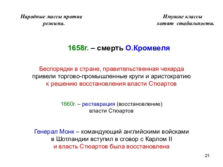 Народные массы против Имущие классы режима. хотят стабильности. 1658г. – смерть