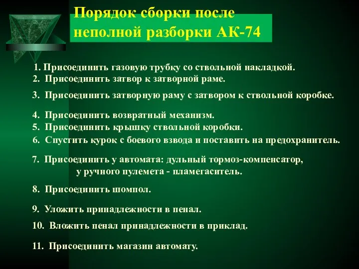 Порядок сборки после неполной разборки АК-74 1. Присоединить газовую трубку со