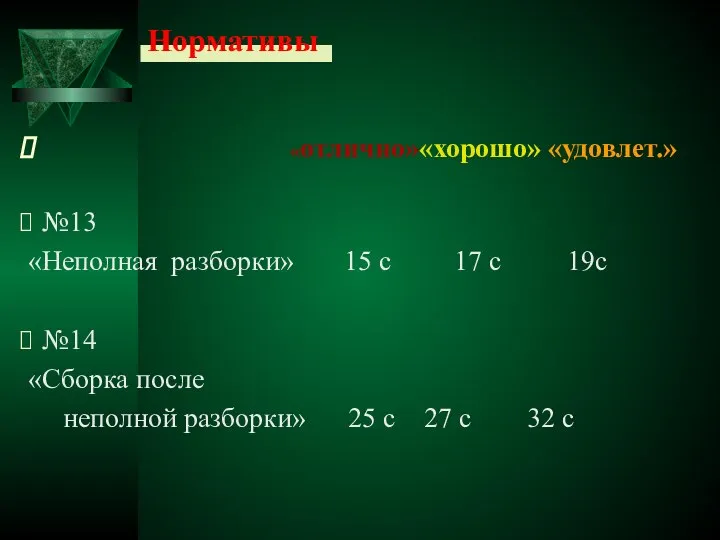 Нормативы «отлично»«хорошо» «удовлет.» №13 «Неполная разборки» 15 с 17 с 19с