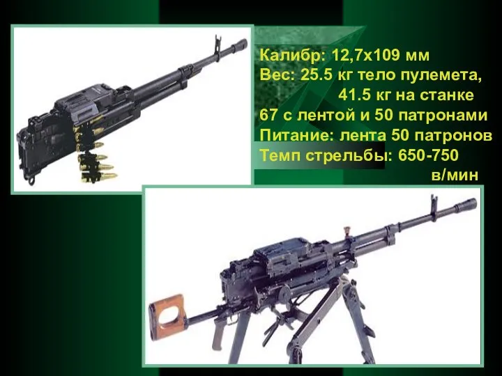 Калибр: 12,7x109 мм Вес: 25.5 кг тело пулемета, 41.5 кг на