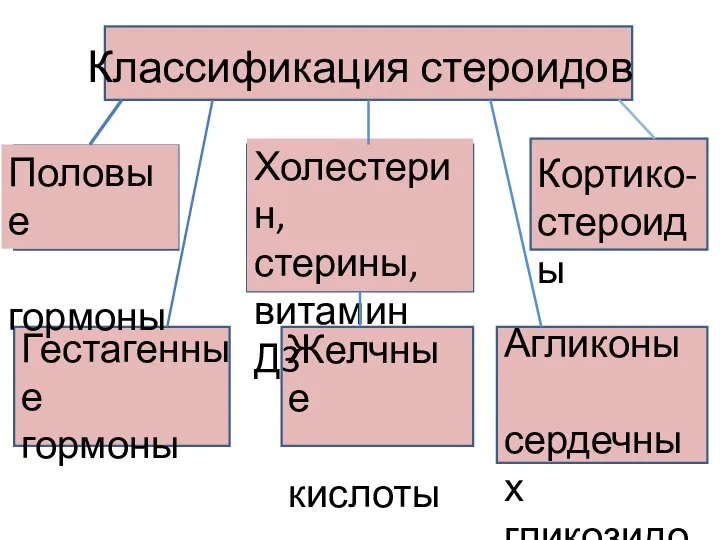 Классификация стероидов Половые гормоны Холестерин, стерины, витамин Д3 Кортико-стероиды Гестагенные гормоны Желчные кислоты Агликоны сердечных гликозидов