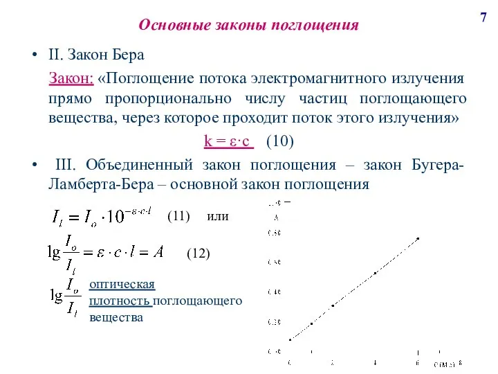 Основные законы поглощения II. Закон Бера Закон: «Поглощение потока электромагнитного излучения