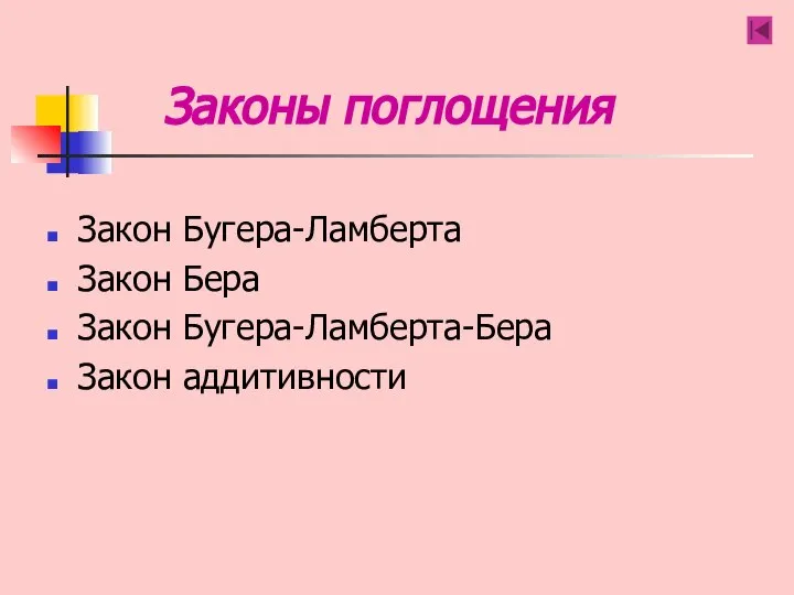 Законы поглощения Закон Бугера-Ламберта Закон Бера Закон Бугера-Ламберта-Бера Закон аддитивности