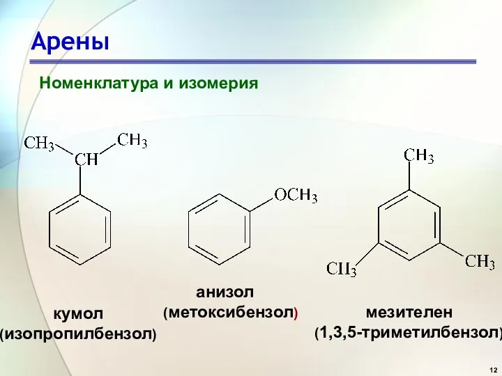 Арены Номенклатура и изомерия кумол (изопропилбензол) анизол (метоксибензол) мезителен (1,3,5-триметилбензол)