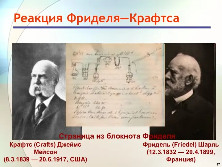 Реакция Фриделя—Крафтса Крафтс (Crafts) Джеймс Мейсон (8.3.1839 — 20.6.1917, США) Фридель