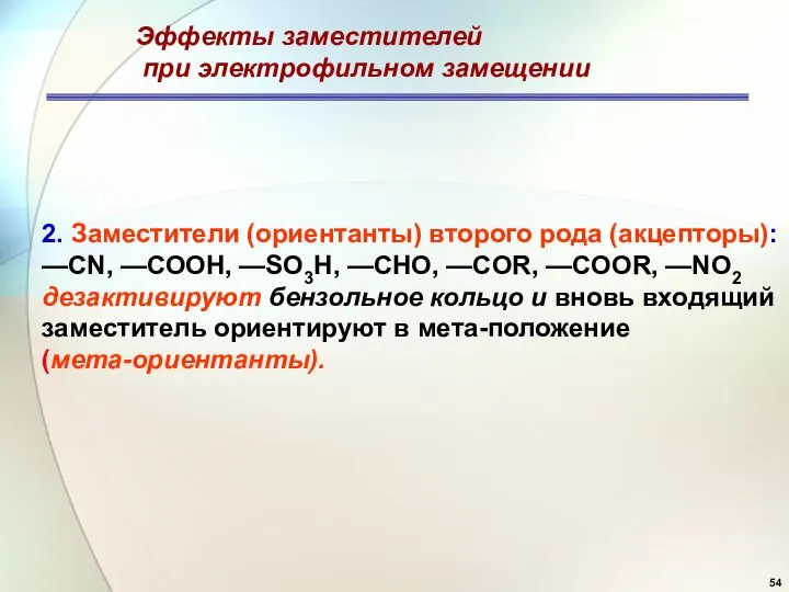 Эффекты заместителей при электрофильном замещении 2. Заместители (ориентанты) второго рода (акцепторы):