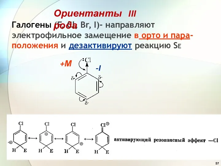 Галогены (F, Cl, Br, I)- направляют электрофильное замещение в орто и