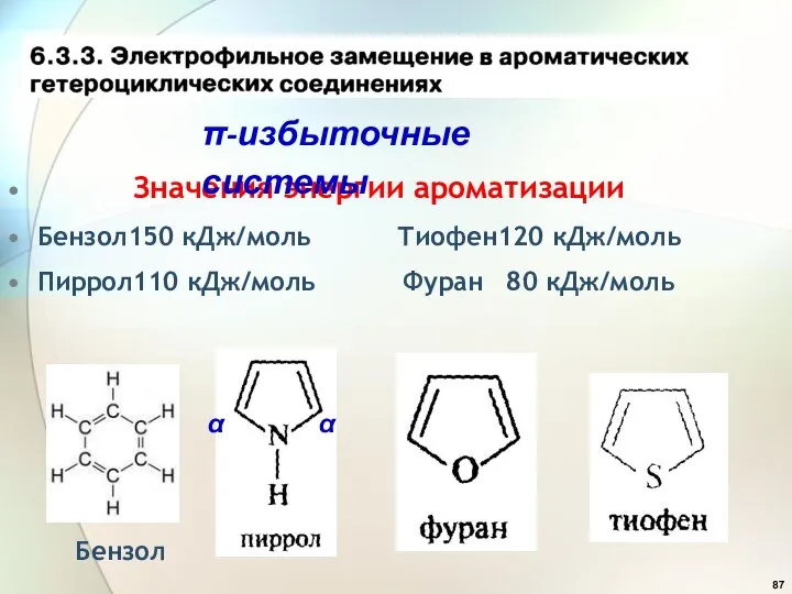 Значения энергии ароматизации Бензол150 кДж/моль Тиофен120 кДж/моль Пиррол110 кДж/моль Фуран 80