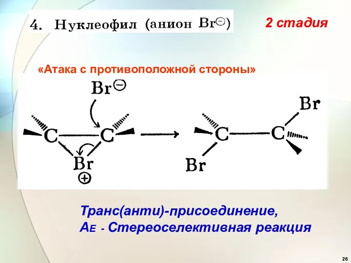 «Атака с противоположной стороны» 2 стадия Транс(анти)-присоединение, АЕ - Стереоселективная реакция