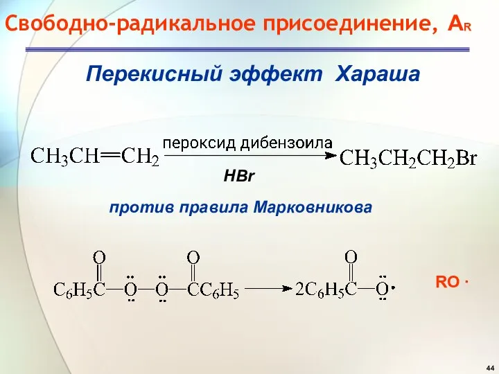 Свободно-радикальное присоединение, Перекисный эффект Хараша AR HBr против правила Марковникова RО 