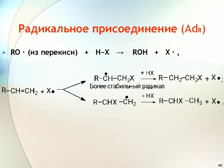 Радикальное присоединение (АdR) RО  (из перекиси) + HX  ROH + X  ,