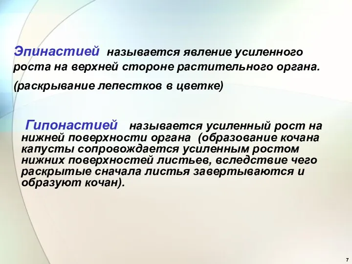 Эпинастией называется явление усиленного роста на верхней стороне растительного органа. (раскрывание