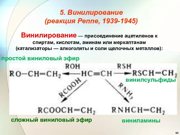 Винилирование — присоединение ацетиленов к спиртам, кислотам, аминам или меркаптанам (катализаторы