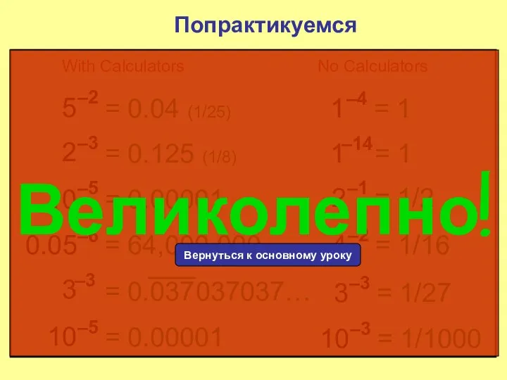 5 –2 Попрактикуемся = 0.04 (1/25) 2 –3 = 0.125 (1/8)