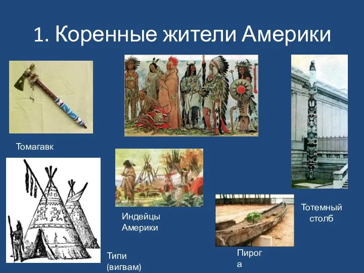 1. Коренные жители Америки Индейцы Америки Пирога Томагавк Типи (вигвам) Тотемный столб