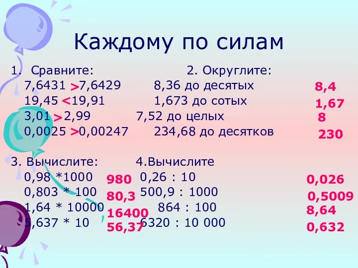 Каждому по силам 1. Сравните: 2. Округлите: 7,6431 7,6429 8,36 до