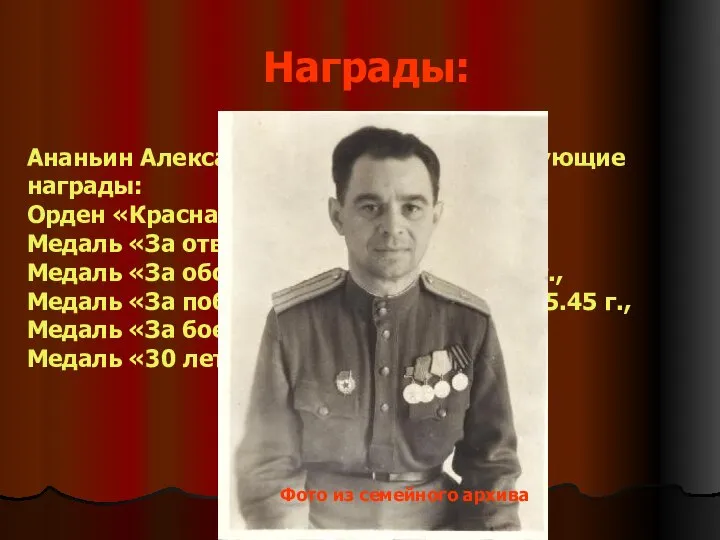 Награды: Ананьин Александр Петрович имел следующие награды: Орден «Красная звезда» 24.06.48