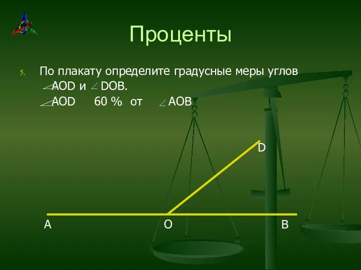 Проценты По плакату определите градусные меры углов AOD и DOB. AOD