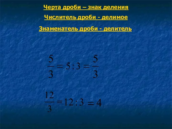 Черта дроби – знак деления Числитель дроби - делимое Знаменатель дроби - делитель