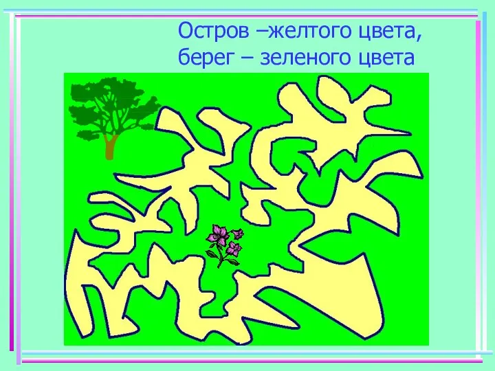 Остров –желтого цвета, берег – зеленого цвета