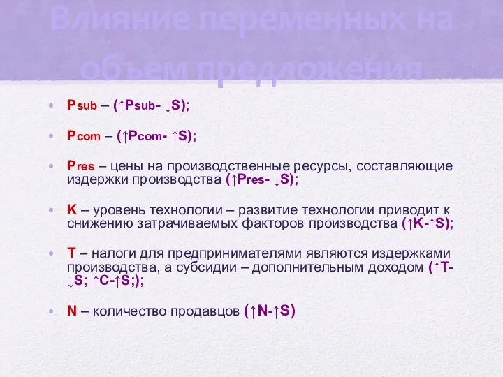 Влияние переменных на объем предложения Psub – (↑Psub- ↓S); Pcom –