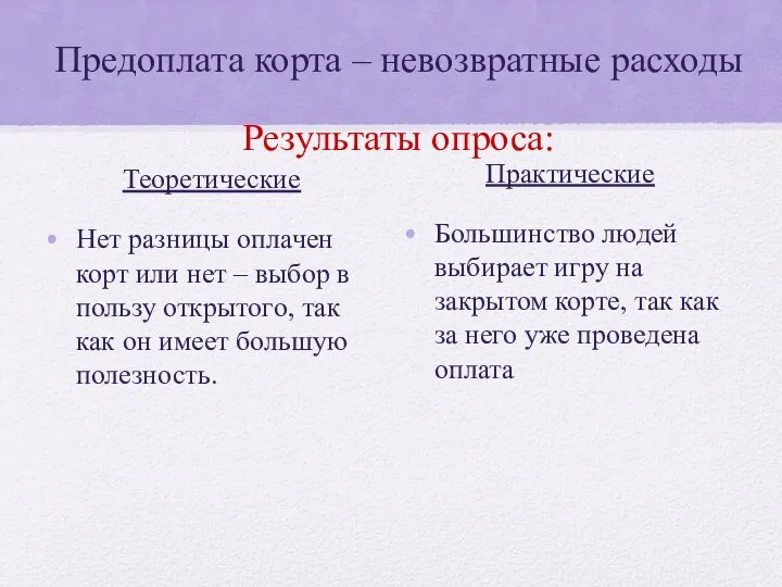 Предоплата корта – невозвратные расходы Результаты опроса: Теоретические Нет разницы оплачен