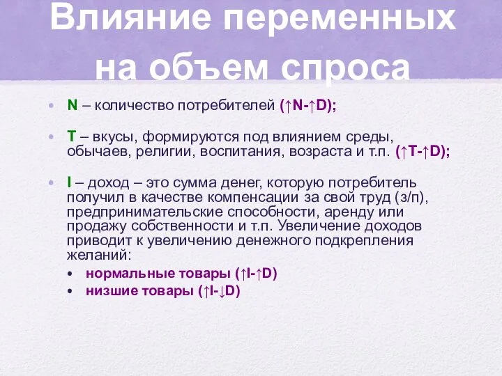 Влияние переменных на объем спроса N – количество потребителей (↑N-↑D); T