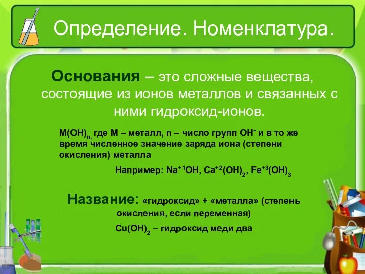 Определение. Номенклатура. Основания – это сложные вещества, состоящие из ионов металлов