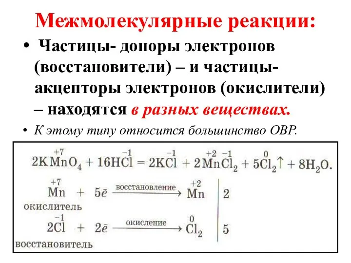 Межмолекулярные реакции: Частицы- доноры электронов (восстановители) – и частицы- акцепторы электронов