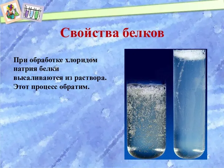 Свойства белков При обработке хлоридом натрия белки высаливаются из раствора. Этот процесс обратим.