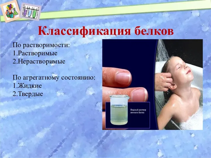 Классификация белков По растворимости: 1.Растворимые 2.Нерастворимые По агрегатному состоянию: 1.Жидкие 2.Твердые