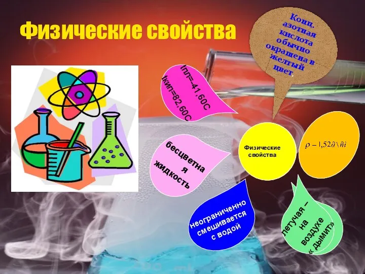 Физические свойства Физические свойства бесцветная жидкость tпл=-41,60C tкип=82,60C неограниченно смешивается с