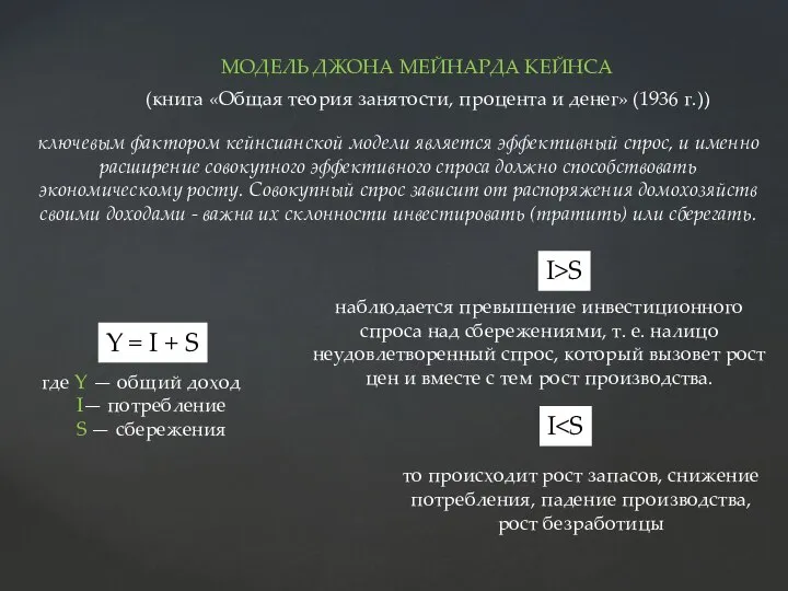 МОДЕЛЬ ДЖОНА МЕЙНАРДА КЕЙНСА (книга «Общая теория занятости, процента и денег»