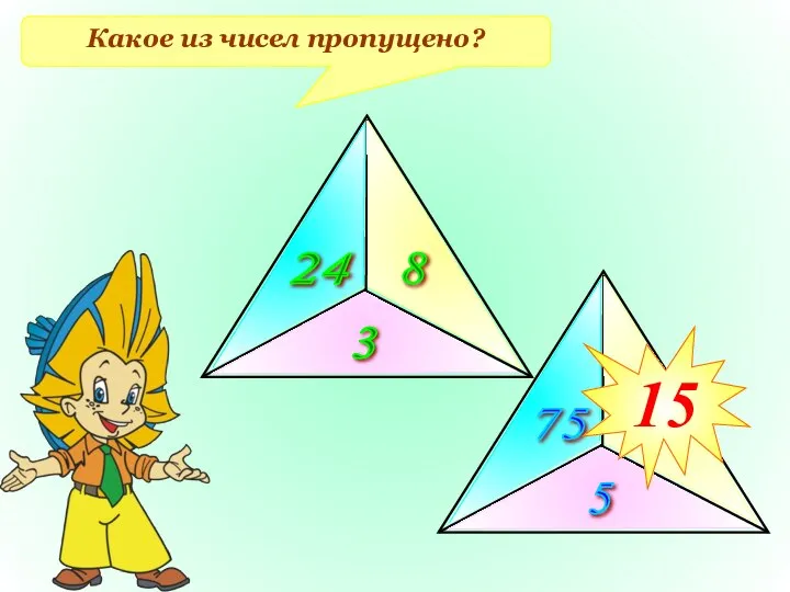 Какое из чисел пропущено? 24 8 3 75 5 ? 15