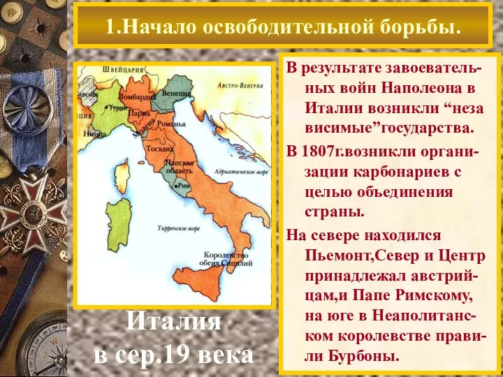 В результате завоеватель-ных войн Наполеона в Италии возникли “неза висимые”государства. В