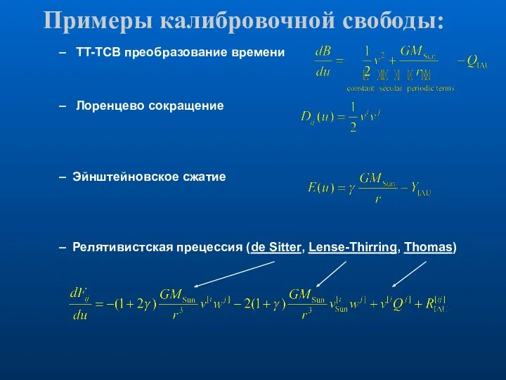 Примеры калибровочной свободы: TT-TCB преобразование времени Лоренцево сокращение Эйнштейновское сжатие Релятивистская прецессия (de Sitter, Lense-Thirring, Thomas)