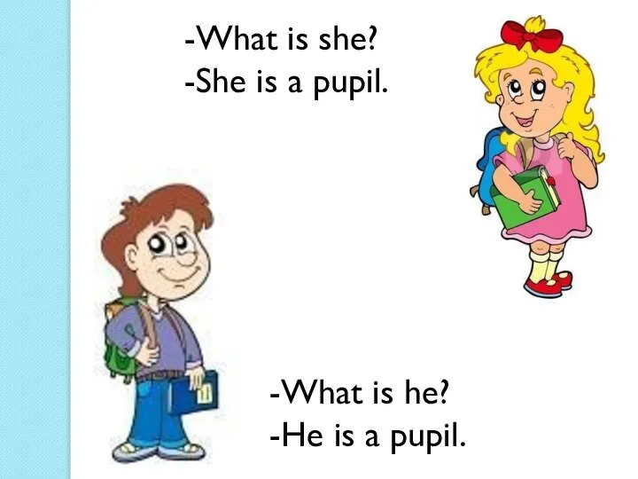 -What is she? -She is a pupil. -What is he? -He is a pupil.