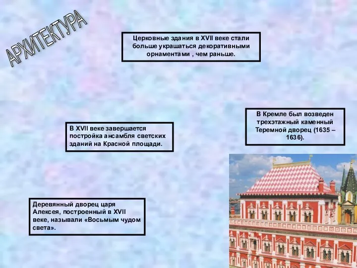 АРХИТЕКТУРА В Кремле был возведен трехэтажный каменный Теремной дворец (1635 –
