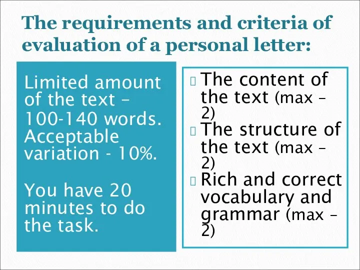 The requirements and criteria of evaluation of a personal letter: Limited
