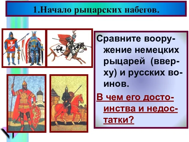 Сравните воору-жение немецких рыцарей (ввер- ху) и русских во-инов. В чем