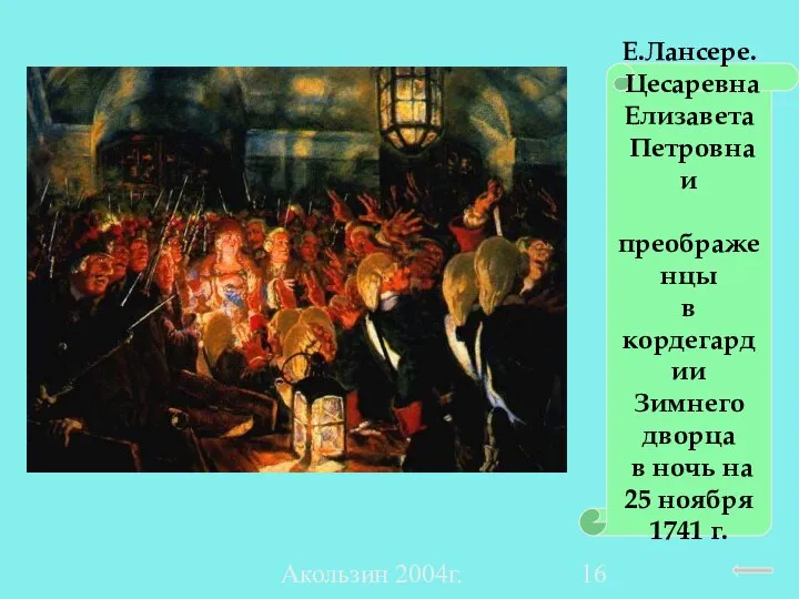 Акользин 2004г. Е.Лансере. Цесаревна Елизавета Петровна и преображенцы в кордегардии Зимнего