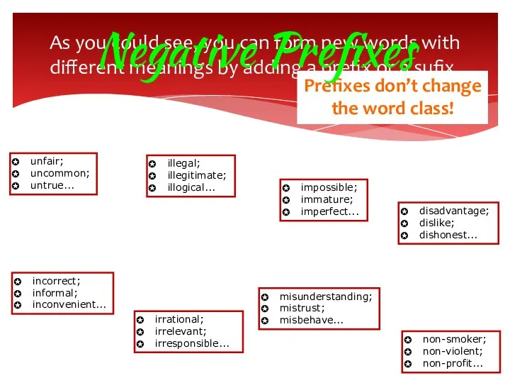 Prefixes don’t change the word class! As you could see, you