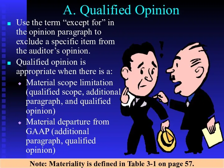 A. Qualified Opinion Use the term “except for” in the opinion