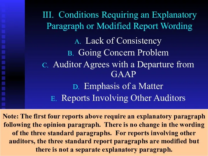 III. Conditions Requiring an Explanatory Paragraph or Modified Report Wording Lack