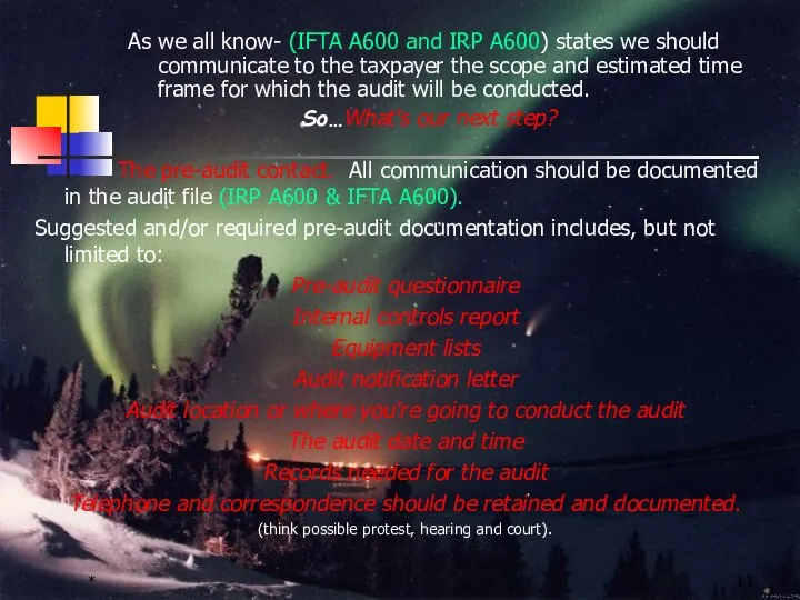 * The pre-audit contact. All communication should be documented in the