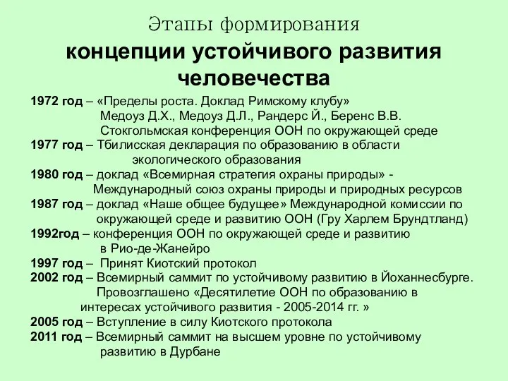 Этапы формирования концепции устойчивого развития человечества 1972 год – «Пределы роста.