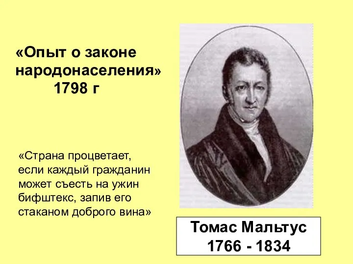 «Опыт о законе народонаселения» 1798 г «Страна процветает, если каждый гражданин