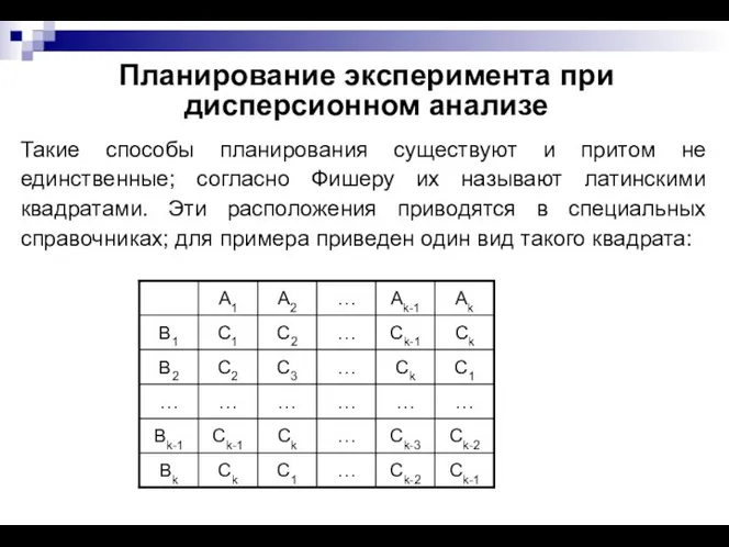 Планирование эксперимента при дисперсионном анализе Такие способы планирования существуют и притом