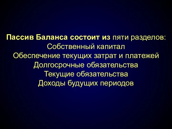 Пассив Баланса состоит из пяти разделов: Собственный капитал Обеспечение текущих затрат